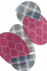 Wall Mural - scrapbook paper machine cut shapes (mostly ovoids) on a light background - red and silver pattern and gray plaid