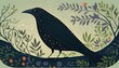 Storybook / Folk Art Style Crow in a Forest Clearing with Trees, Branches, Leaves, and Other Natural Elements. Children’s Book, Fantasy, Nature Scene. Graphic Novel, Picture Book, Comic, Cartoon Style