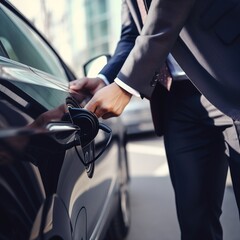 Wall Mural - Hand charging an electric vehicle in close-up.. generative ai