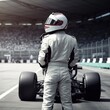 © WS Studio 1985 - formula one racing driver before start of competition on track. Banner with copy space. generative ai