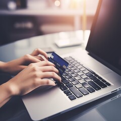 Poster - Hands holding credit card and using laptop. Online shopping. generative ai