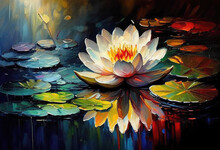Waterlily Flower Floating In Water On Green Leaves. AI Generative. Acrylic Painting