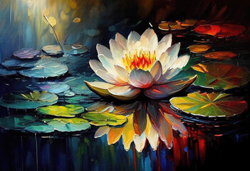 Wall Mural - Waterlily Flower Floating in Water on Green Leaves. AI generative. Acrylic Painting