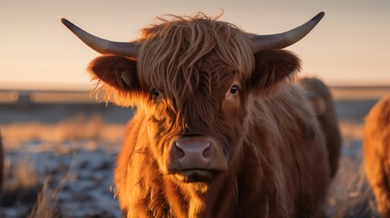 Wall Mural - Portrait of fluffy cow or highland cattle in sunny plains field generative ai
