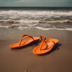 Poster - Beach flip flops in orange. generative ai