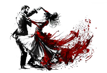 Graphic of Couple in Passionate Tango Dance. AI generative. Ink Painting in Black and Red Isolated on White.