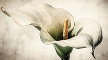 Single Calla Lily Of The Incas Flower Drawing On White Vintage Background. Generative AI.
