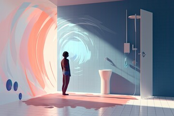 Sticker - woman standing in a modern bathroom, admiring the sleek and stylish design of her shower. Generative AI