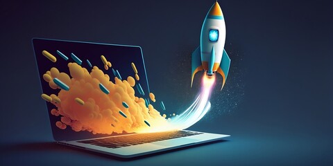 Rocket coming out of laptop screen, blue background. AI generative.