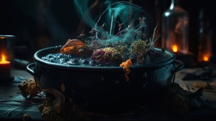 Wall Mural - Witch cauldron with magic herbs, mystical witchcraft magic fantasy background concept generative ai