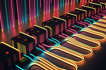 Wall Mural - Rows of neon flat ribbon cables. Generative AI