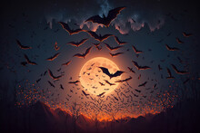 Moody Night Scene With Flying Bats On Sky And Moon Background. AI Generated Image