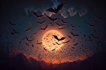 Moody night scene with flying bats on sky and moon background. AI generated image