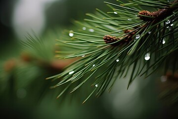 Wall Mural - fresh pine branch with dew drops on it. Generative AI