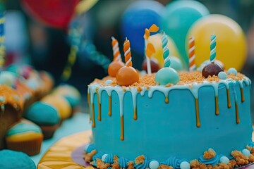 Sticker - blue birthday cake with colorful candles on top. Generative AI