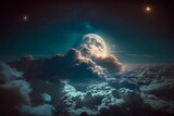 Fototapeta Do akwarium - Moon over clouds. Illuminate full moon above the sky clouds. Magical dreamy atmosphere with lunar over the cloud as heaven fantasy. Moonlight cloudspace outer space. Generative AI