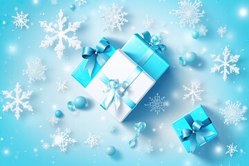 Poster - blue and white gift box with snowflake decorations. Generative AI