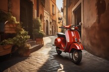 Italy Travel Poster With Scooter On The Street. Generative AI.