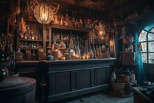 A Fantasy Potion Shop With Magical Items Inside. Generative AI