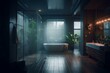 © Joseph - A modern bathroom with dim lighting and a misty shower. Generative AI
