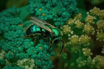 Poster - vibrant green fly perched on a lush green flower. Generative AI