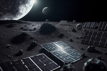 solar panel on the moon lunar. surreal alternative futuristic power electric innovation technology. 