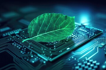 Wall Mural - green leaf sitting on top of a circuit board. Generative AI