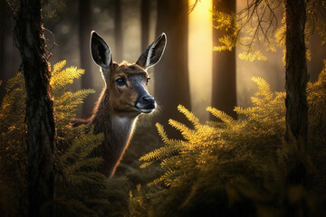 Wall Mural - Generative AI. Roe deer with antlers comes out of the forest to graze in the meadow