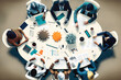 © VisualProduction - Top view of a group of multicultural people working together for a better future. Office setting, people in a meeting. Generative ai.