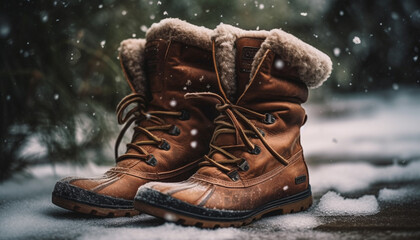 Wall Mural - Cozy leather hiking boots embrace winter adventure generated by AI