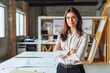 © VisualProduction - confident female architect standing in office with crossed hands. Portrait of confident business woman. Generative AI.