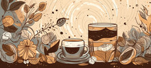 Coffe Cups. Concept Coffee And Flowers Art Illustration. Generative Ai. Copy Space 