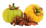 Dried slices and fresh garcinia fruits on transparent background.