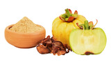 Dried ,fresh and powder garcinia fruits on transparent background.