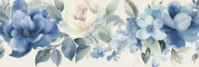Watercolor Illustration Of  Dusty Blue Flowers In Wide Border - Generative AI 