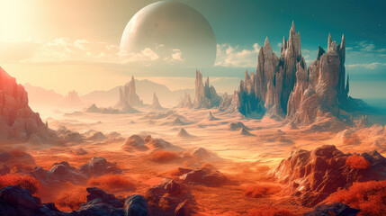 Wall Mural - alien planet with fantastic landscapes, and enchanted castles. generative ai
