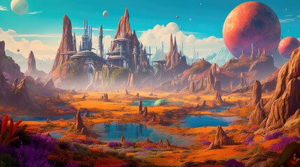 Wall Mural - alien planet with fantastic landscapes, and enchanted castles. generative ai