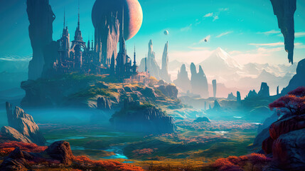 Wall Mural - alien planet with fantastic landscapes, and enchanted castles. generative ai