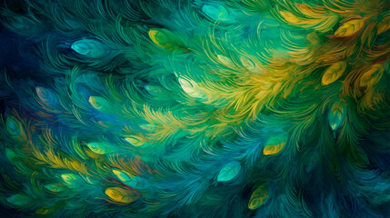 Abstract background with feather pattern, gradients and texture, digital painting in blue, green and gold colours. Generative AI