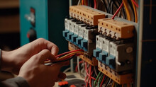 Detail Close Up Of Electrician Installing Electric Cable Wires And Fuse Switch Box With Multimeter In Hands. Generative AI