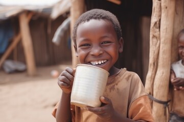 Drought, lack of water problem. Laughing child in Africa close-up drinks water water from mug of water. 