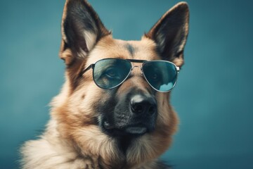 Wall Mural - Funny cute dog in sunglasses with happy emotion. AI generated, human enhanced