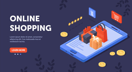 Poster - online shopping concept. smartphone with gift bags and boxes, gold coins. electronic commerce, adver