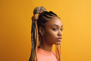Wall Mural - Pretty young afro-american woman with colorful braids on the light yellow background. Generative AI