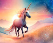 Unicorn in the mountains at sunset. Digital art illustration.