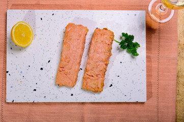 Wall Mural - Tasty vegetarian vegan fish free salmon steak, healthy food