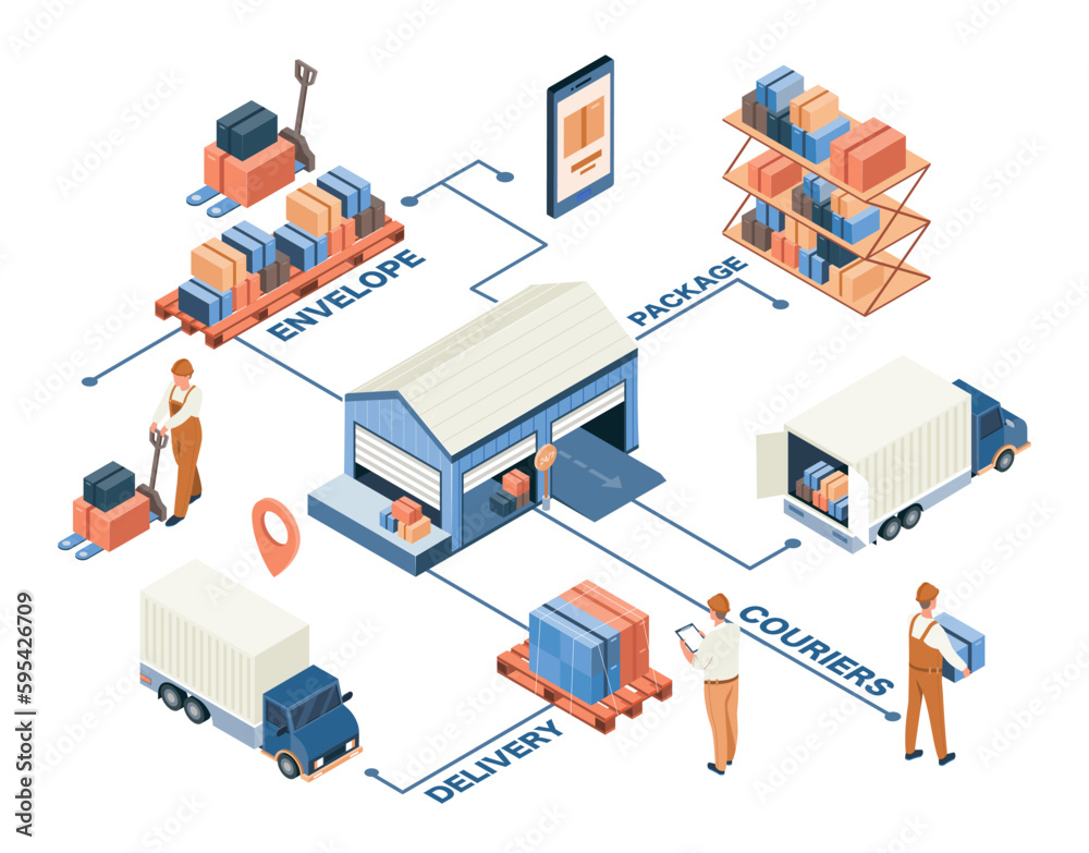 Concept of logistics. Men in warehouse near truck with containers ...