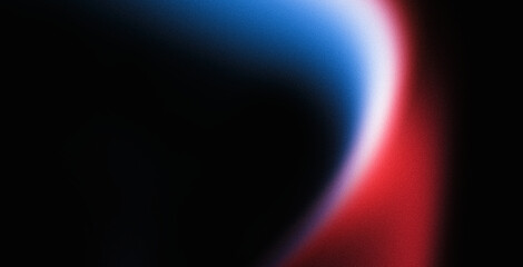 Red blue white fluid colors wave on black grainy background, neon colors noise texture large banner, copy space