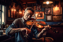 Musician Playing Violin In Irish Pub, Trad Music Session. Generative AI