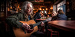 © Sunshower Shots - Musician playing guitar in Irish pub, trad music session. Generative AI